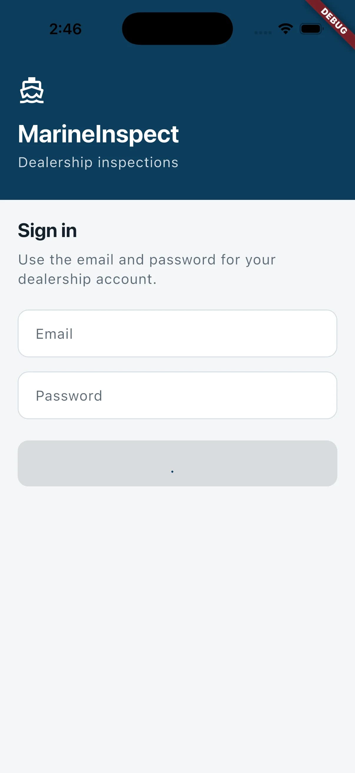 MarineInspect mobile app sign-in screen