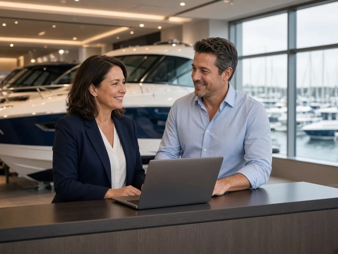 Two dealership managers reviewing service work on a laptop in a boat showroom