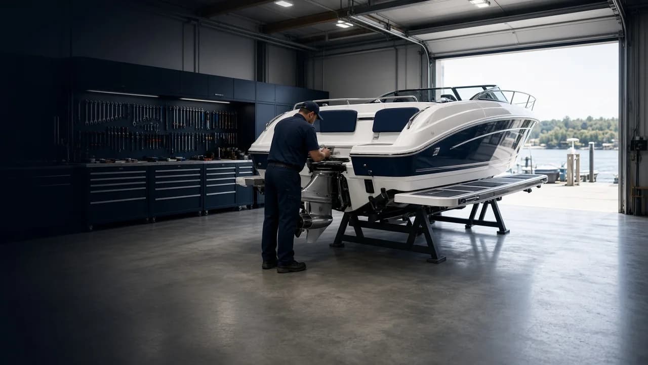 A motorboat on stands in a clean, well-lit marine service workshop
