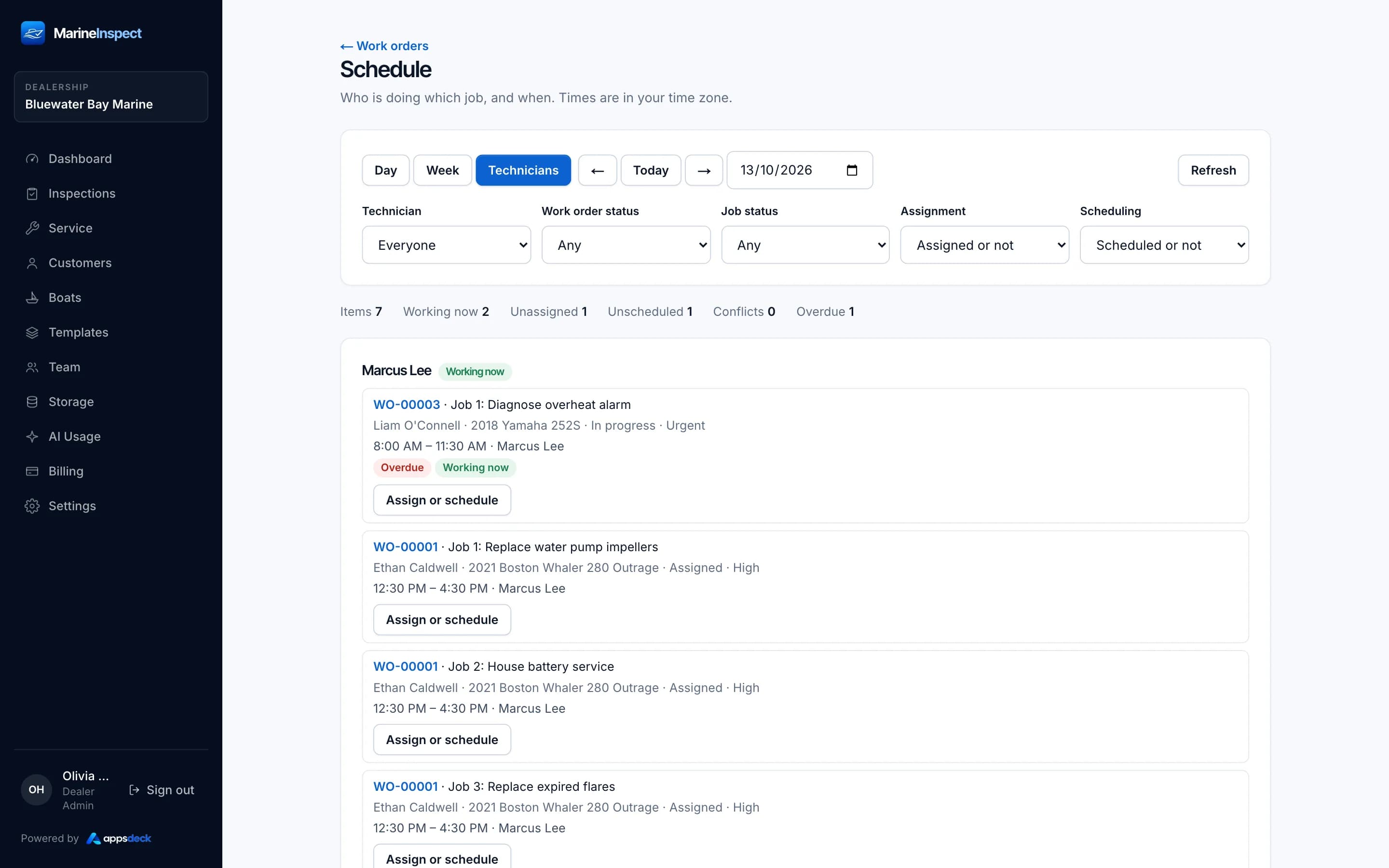 Marine Apps desktop portal: technician scheduling