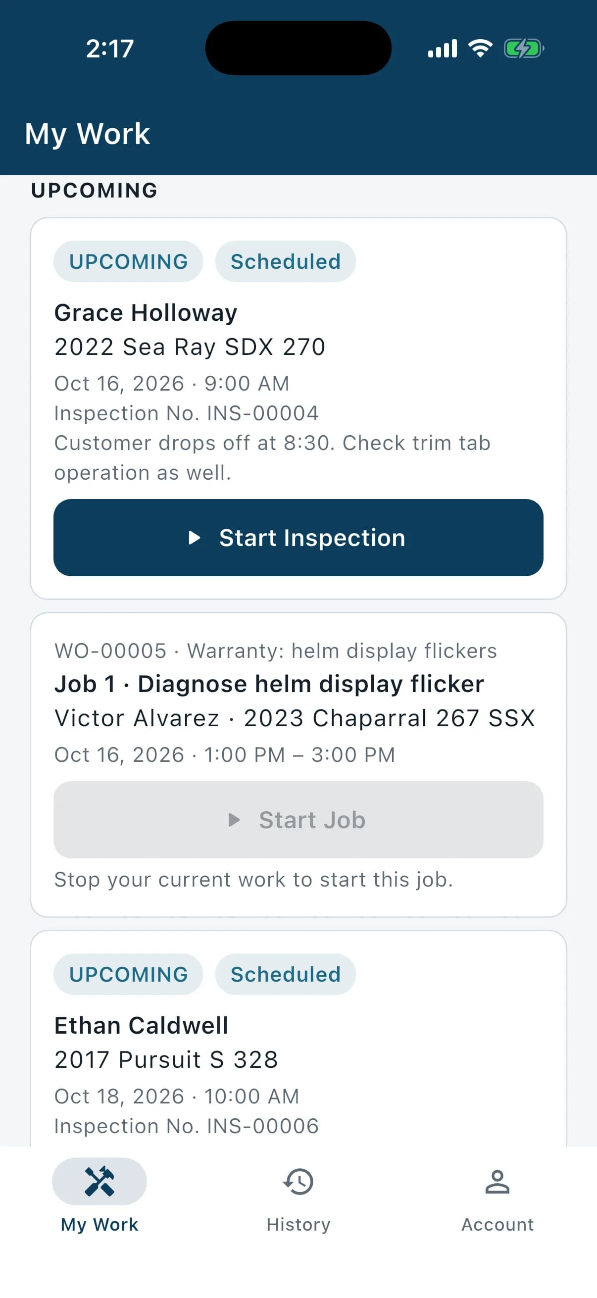 MarineInspect mobile app: upcoming inspections